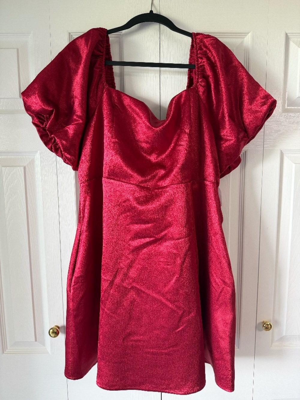 ARULA Shimmering Red Puff-Sleeve Mini Dress